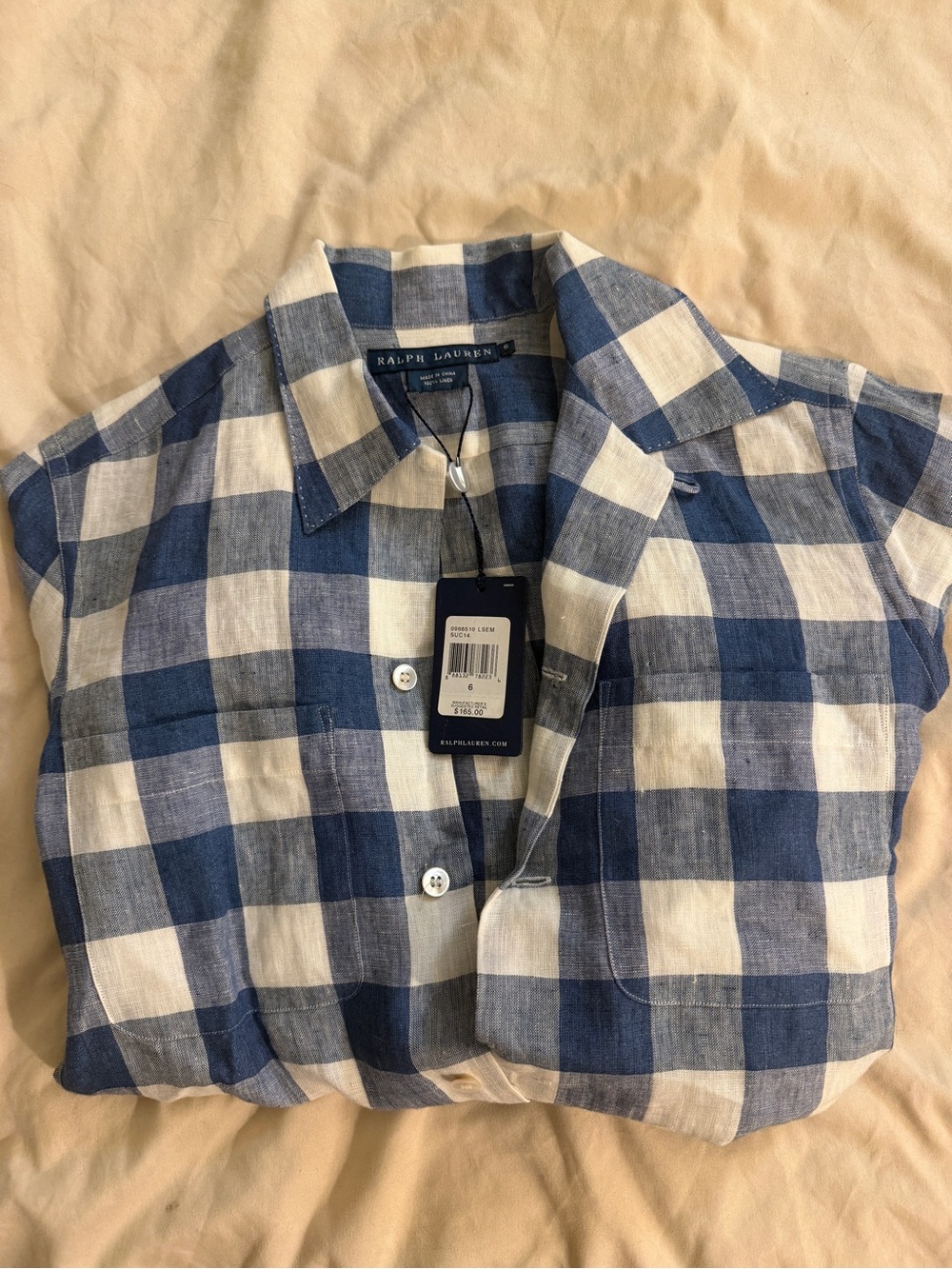 NWT Ralph Lauren Blue and White Gingham Linen Button-Up Shirt
